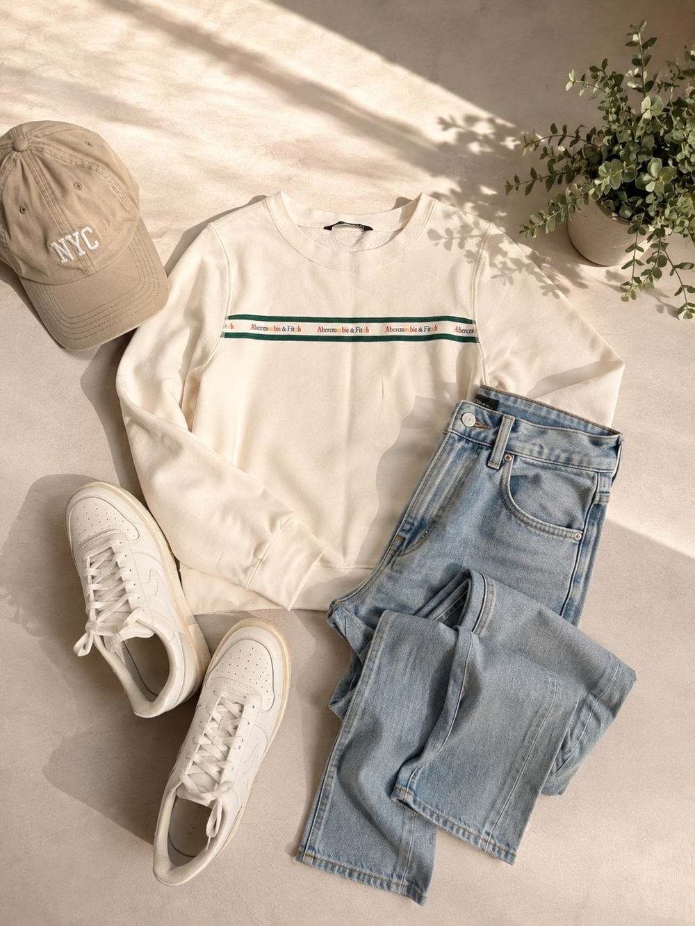 Abercrombie & Fitch Cream Crewneck Sweatshirt with Green & Red Stripe